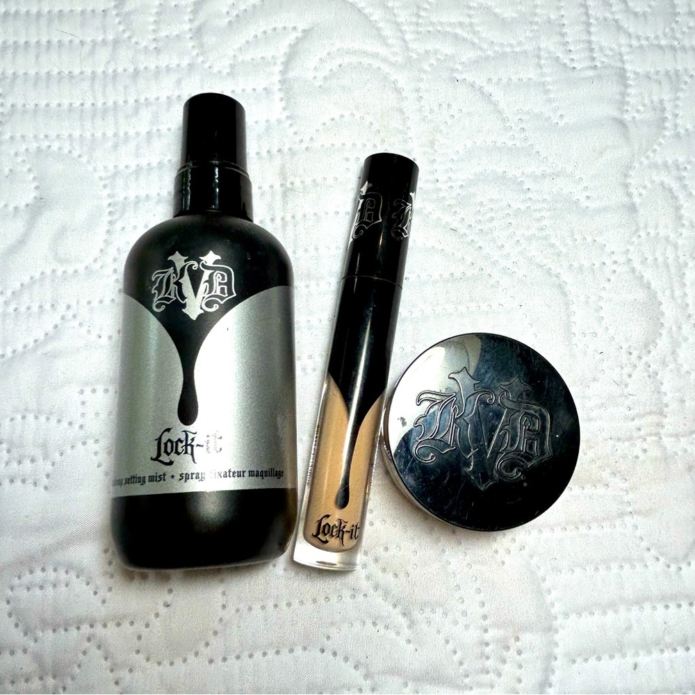 Set of 3 bundle Kat VonD makeup powder lock it concealer, spray & settin…